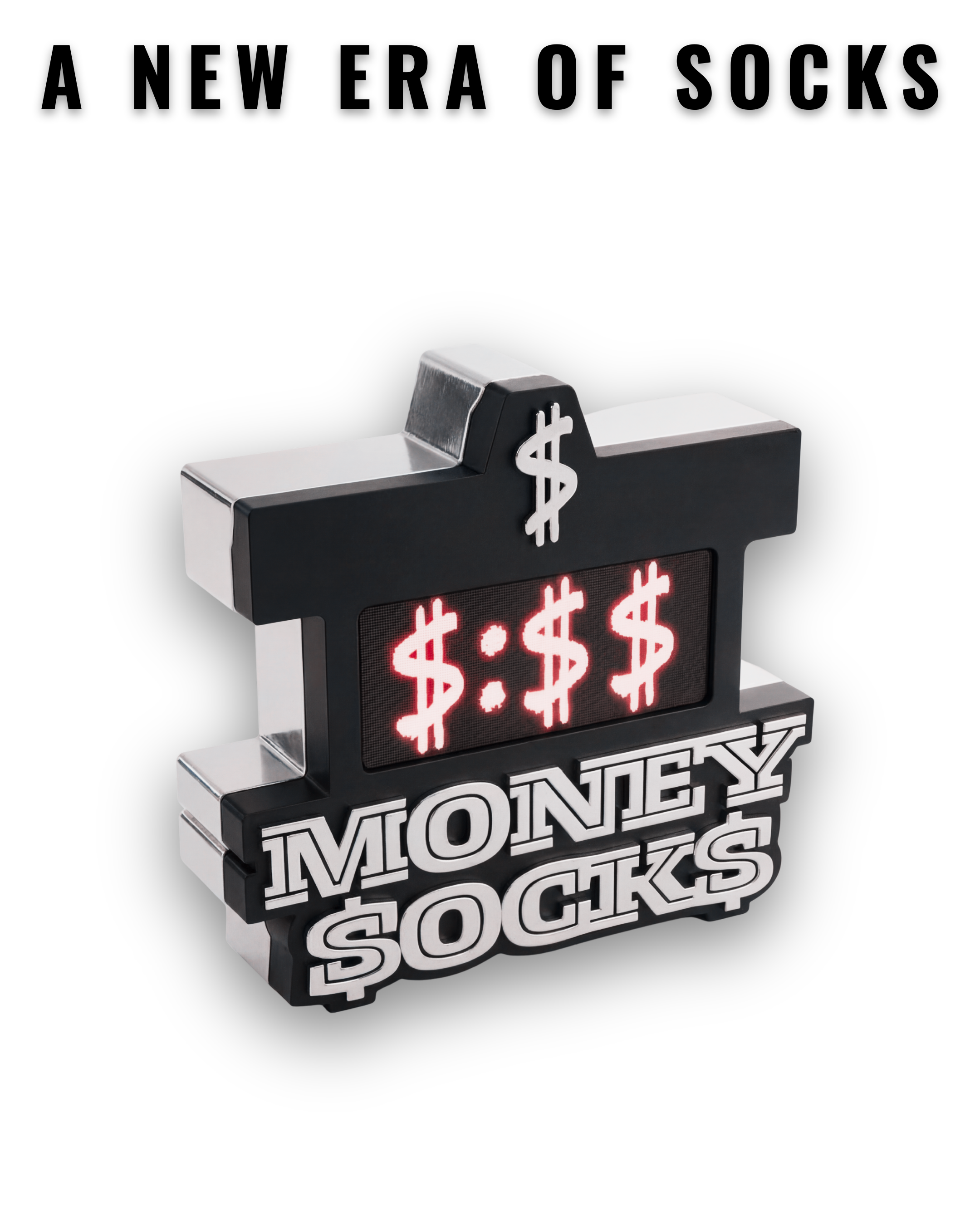 Money Socks digital clock logo with glowing LED dollar signs representing a premium streetwear brand