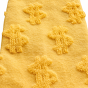 Close up of Yellow Money Socks showing raised 3D dollar sign texture and knit detail